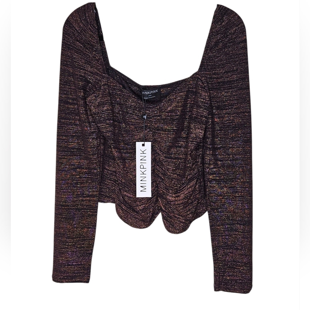 MINKPINK Imane Ruched Metallic Top, Black Bronze, Size L, NWT - Picture 2 of 11